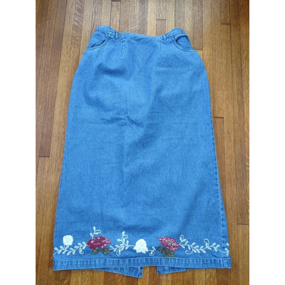 Vintage Denim & Co. Women's Denim Maxi Skirt With Floral Embroidery Size large